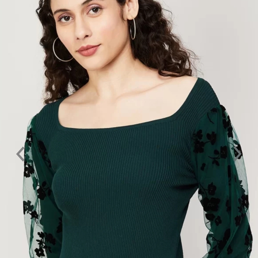 Green Ribbed Top with Sheer Floral Sleeves